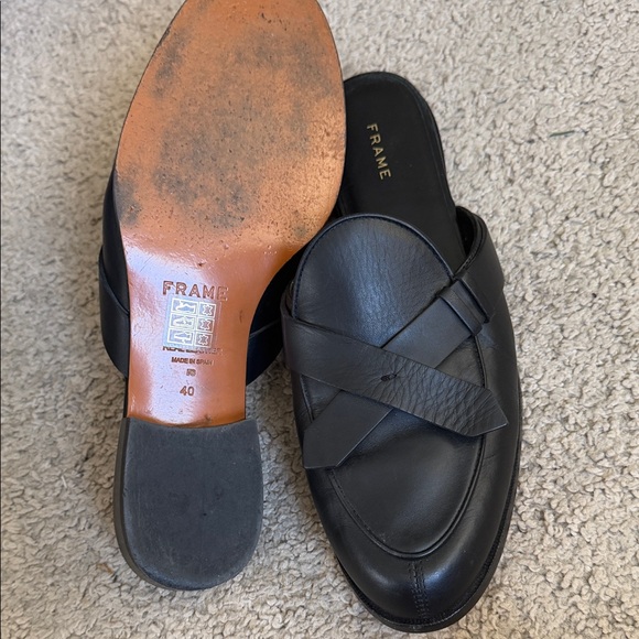 Frame Denim Woven Leather Mules in Black with Gold Accents - Picture 4 of 7